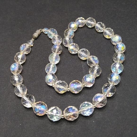 Vintage Czech Clear Crystal Bead Necklace, Fire Polished, 10mm, 18 1/2 Inches - Picture 1 of 8